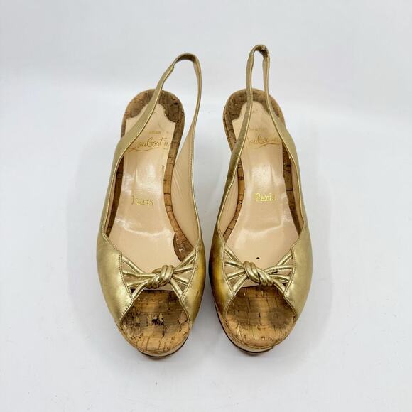 CHRISTIAN LOUBOUTIN Red Bottoms Gold Slingback Peep Toe Cork Platform Wedges - Picture 3 of 11